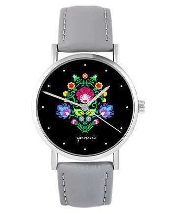 Zegarek - Folkowy, czarny - szary, skórzany, yenoo