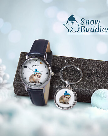 Zestaw prezentowy - Jeżyk - zegarek i brelok - skórzany, granatowy, yenoo