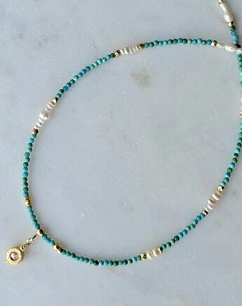 Delikatny naszyjnik z naturalnym turkusem i perełkami, Studio Gazela