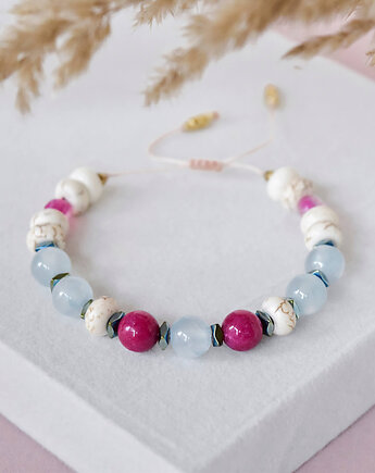 Bransoletka z naturalnych kamieni - mix, makrama (niebieska), Ilovehandmade