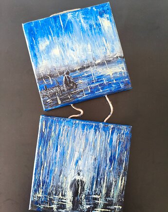 W Deszczu Komplet Obrazy Olejne 2x 20x20 Impasto Para, kkjustpaint Karolina Kamińska