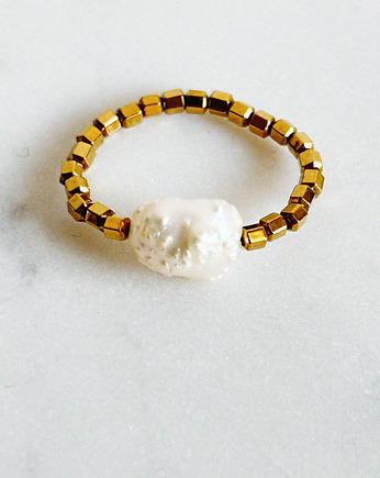 Pierścionek elastyczny Hematyt i Perła, Chmolowska Jewellery