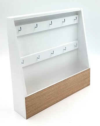 Duża, otwarta skrzynka na klucze, biało-dębowa, 10 haczyków, Silva Drewniane Dekoracje