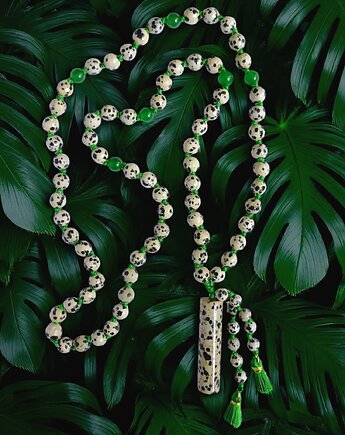 UNIKATOWY naszyjnik supełkowany : jaspis dalmatyński na zielono, kaktusia