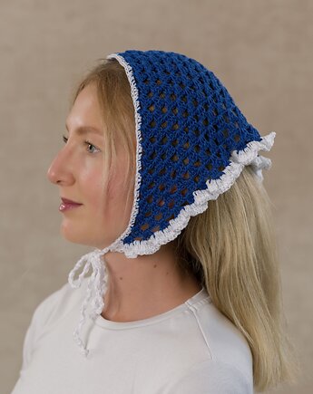 Szydełkowa chustka bandana bawełna organiczna z falbanką letnia niebieska, DecMabu