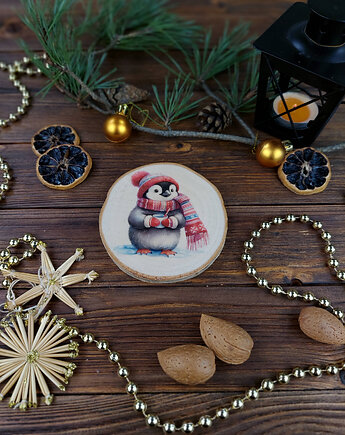 Brzozowa podkładka pod kubek, świąteczna zawieszka - pingwinek, Manufa