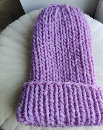 Wełniana czapka na drutach WOOLLY liliowa, Po.dziergane