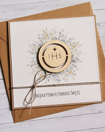 Kartka z życzeniami : I Komunia Święta : delikatna : ihs, kaktusia