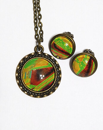 Naszyjnik i klipsy - komplet - Kolorowa abstrakcja 2, brąz, yenoo