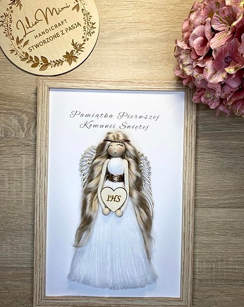 Pamiątka Komunii Świętej - obrazek anioł makrama, Lilia Mimi Handicrafts