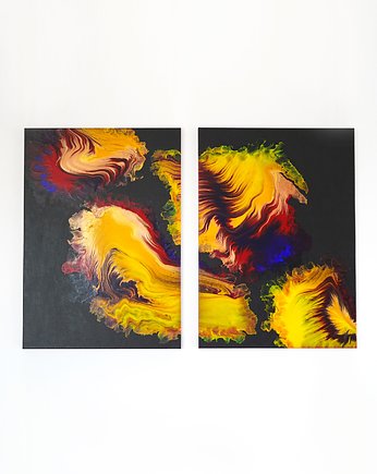 Ognisty dwuczęściowy obraz abstrakcyjny 'Juego de fuego', żywe kolor, Akrylove art