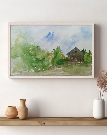 WYPRZEDAŻ SZTUKI! Akwarela Wieś oryginalny obraz 300g 18x30 cm, Kwitnace