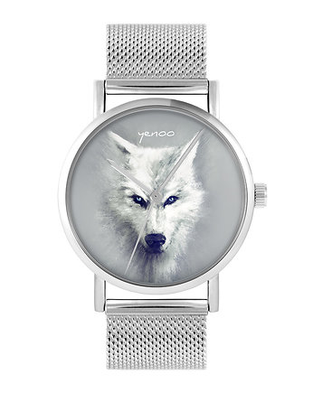 Zegarek - Biały wilk - bransoleta mesh, OKAZJE - Prezenty na 18 dla chłopaka