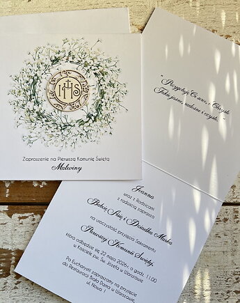 Białe eleganckie zaproszenia komunijne, na komunię, sorte