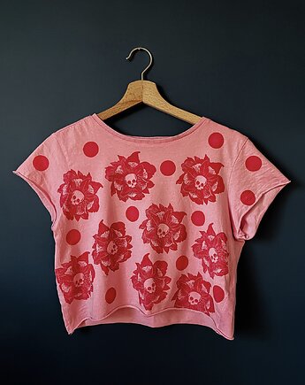 Autorski ręcznie stemplowany t-shirt z motywem kwiatów i czaszek S, ArtZouzeau