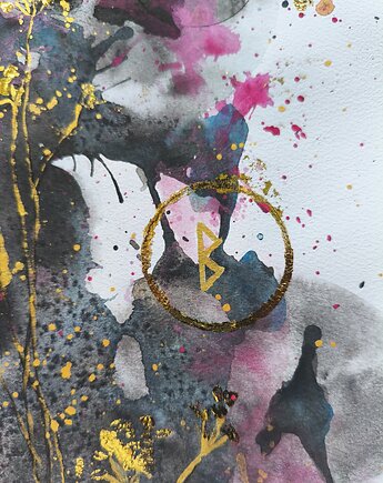 Abstrakcja Złota Akwarela Róż Kwiaty Kosmos Runy Ezoteryka Szlagmetal 30x42, kkjustpaint Karolina Kamińska