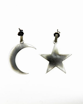 Księżyc i gwiazda - kolczyki srebrne oksydowane, VENUS GALERIA