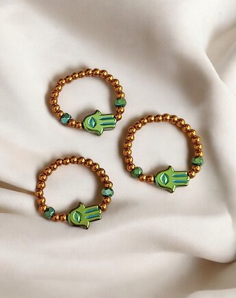 Hamsa - talizman chroniący od zła - pierścionek : hematyt emerald, kaktusia