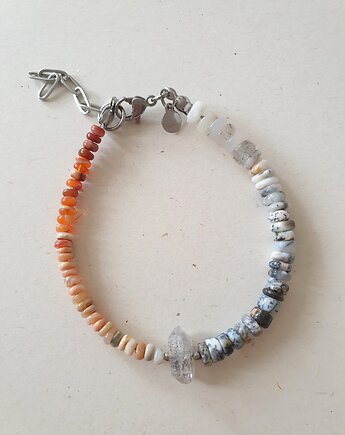 Bransoletka RAW opal dendrytowy, opal ognisty, kryształ herkimer, modesign