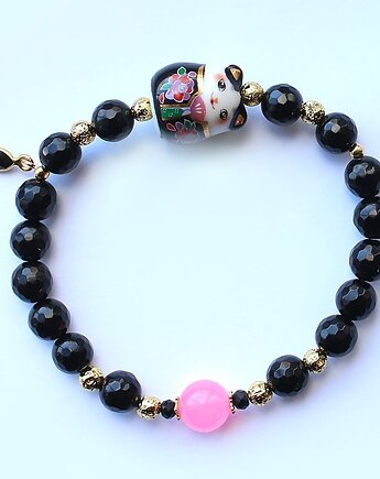 Unikat maneki neko - onyks, spinel, chalcedon, lawa, KEIT