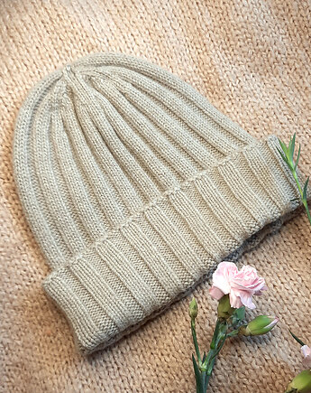Czapka z kaszmiru100%  mankietowa beżowa kaszmirowa czapka w prążki, BAJKA projekt