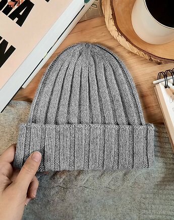 Czapka z kaszmiru100%  mankietowa szara kaszmirowa czapka w prążki, BAJKA projekt