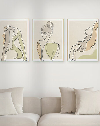 Zestaw 3 stylowych plakatów w stylu Boho, kobieta, ciało, line art., Grawisfera