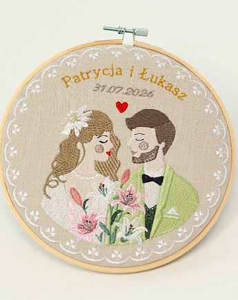 Personalizowana pamiątka ślubna, haft w tamborku, Plasun