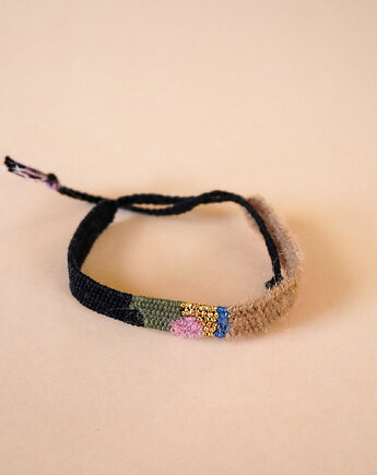 Wąska bransoletka ręcznie robiona na krośnie, wiązana na supełek, Słońcem Tkane