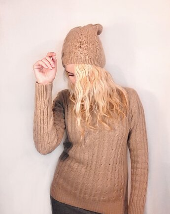 Kaszmirowa czapka- czapka z kaszmiru 100% beżowa warkocz, BAJKA projekt