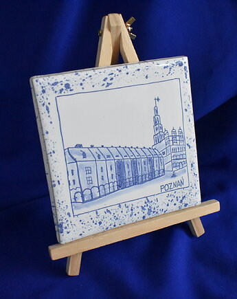 Kafel ręcznie malowany Poznań Ratusz i domki budnicze, Kobaltowa Sroka