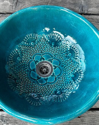 UM8 Umywalka ceramiczna, turkusowa, okrągła, folkowa koronka na dnie., Dekornia