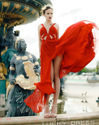 Czerwona suknia z wycięciami i z rozcięciem na nogę  // ROKSANA, Lucky Dress Atelier