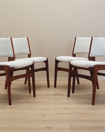 Komplet czterech krzeseł tekowych, duński design, lata 70, produkcja: Dania, Przetwory design