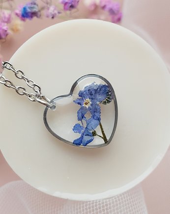 Naszyjnik serduszko z niezapominajką, Jaskółcze ziele handmade 