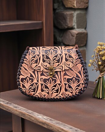 Torebka skórzana Julia beżowa kwiaty ręcznie robiona, SempreArte