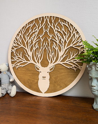 AŻUROWA, DWUWARSTWOWA  DEKORACJA ŚCIENNA, JELEŃ, LAS, BEJCA L 60 x 60 cm, ORNAMENTI
