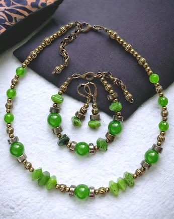 UNIKATOWY komplet biżuterii : naszyjnik, bransoletka, kolczyki : zieleń, kaktusia