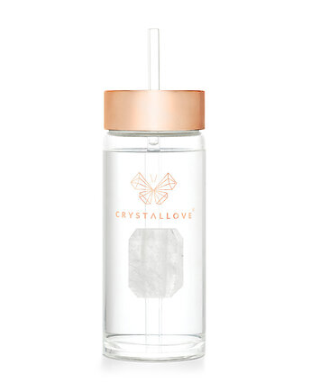 CRYSTALLOVE Szklana butelka na wodę z kryształem górskim i słomką 400ml, CRYSTALLOVE