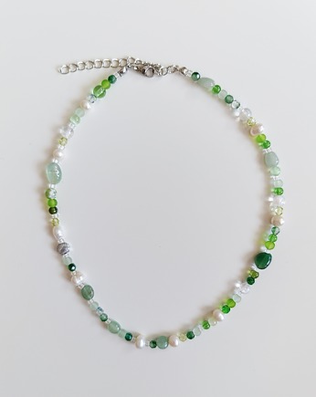 Zielony naszyjnik choker awenturyn jadeit perły kamienie naturalne, Lwie Jwlr