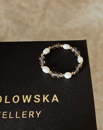 Pierścionek elastyczny Kwarc Dymny i Perły, Chmolowska Jewellery