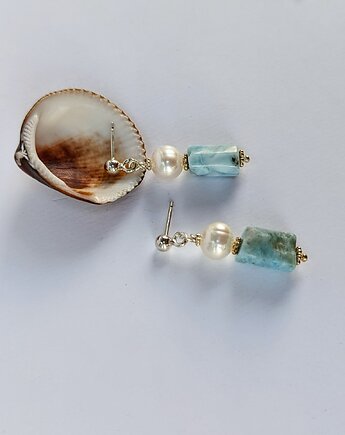 Kolczyki srebrne larimar z perłą, Studio Gazela