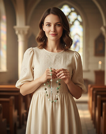 Klasyczny różaniec, RĘKODZIEŁO, I Komunia Św., SREBRO 925, chryzopraz 6mm, Yamira Art Studio