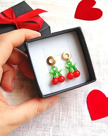Wisienki : kolczyki na sztyftach : ozdobne pudełeczko : WALENTYNKI, kaktusia