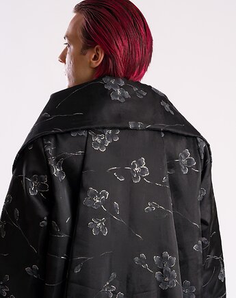 Czarny oversizowy płaszcz-kimono w żakardowe kwiaty, Torri Design