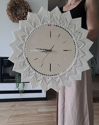 Duży zegar boho, drewniany,naturalny, chwosty, 60 cm xxl, MiAdi