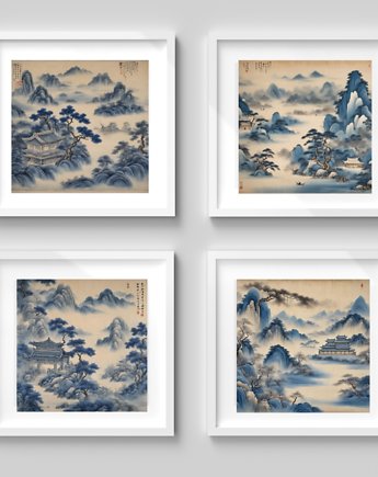 4 PLAKATY niebieskie chinoiserie , chińskie, black dot studio