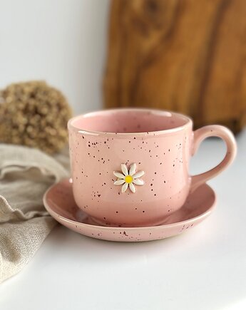 Duża filiżanka ze spodkiem ręcznie robiona 350 ml - Stokrotka różowa