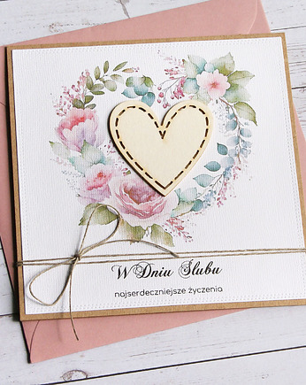 Kartka ślubna z życzeniami : różowa : serce z przeszyciami, kaktusia