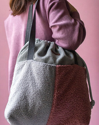 Szaro-różowa duża torba z kominem baranek, raspberi